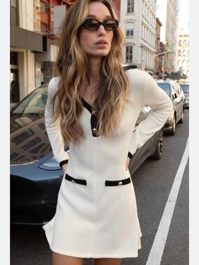 NWT Zara Cream Mini Dress with Black Trim and Gold Buttons